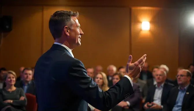 A confident speaker addressing a crowd at an Oklahoma City business event