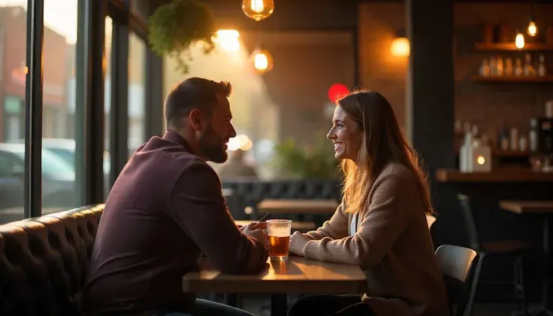 A couple having a calm conversation at a café in Bricktown, Oklahoma City.