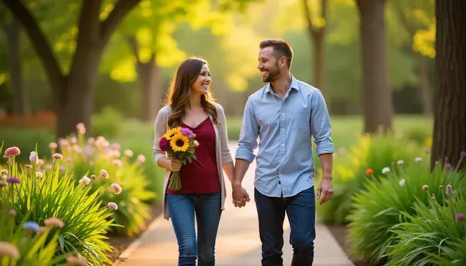 A couple walking hand-in-hand through Myriad Botanical Gardens in OKC, smiling warmly