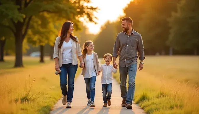 A family walking together through Scissortail Park in Oklahoma City, smiling and relaxed