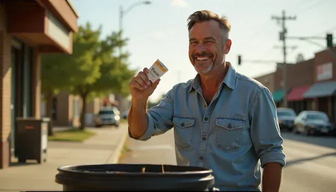 A happy man in Oklahoma City tossing a cigarette pack into a trash can with a confident smile