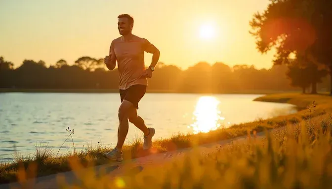 A man jogging around Lake Hefner in the early morning sun, feeling energized and focused