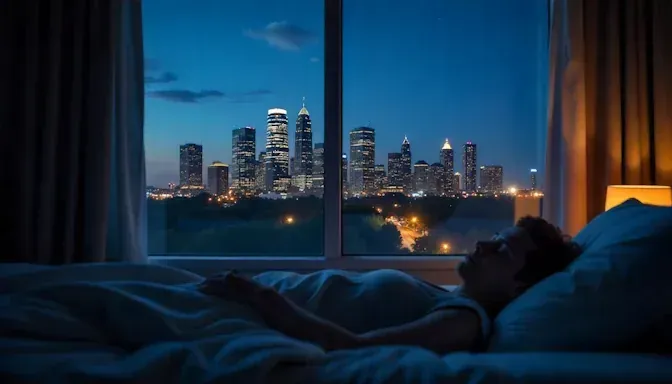 peaceful Oklahoma City night skyline can be seen outside of a bedroom window with a person sleeping