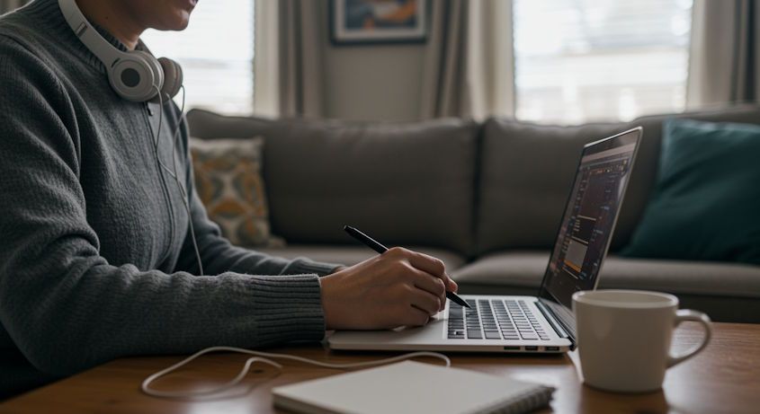 A person in the Oklahoma City metro area preparing at home for a remote hypnosis session with a laptop, notebook, headphones, and a calm environment