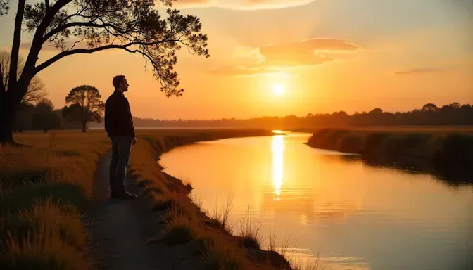 A person standing on a peaceful Oklahoma riverbank at sunrise, symbolizing renewal