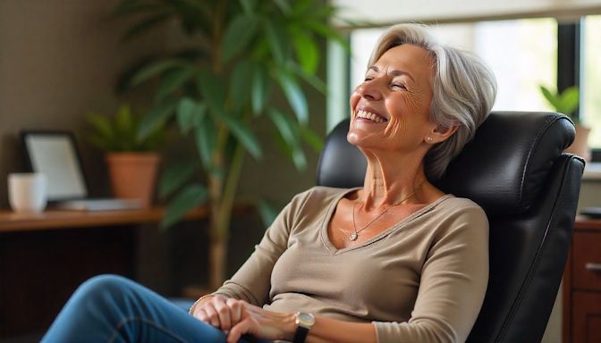 A relaxed middle-aged woman sitting in a comfortable chair in an Oklahoma City office, smiling with eyes closed during hypnosis