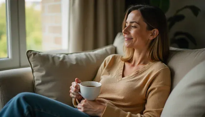 A relaxed woman sitting comfortably on a sofa in Oklahoma City, holding a cup of tea
