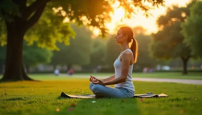 A serene Oklahoma City park scene with a relaxed person meditating.