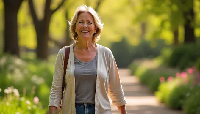 A smiling middle-aged woman walking through Myriad Botanical Gardens in OKC during springtime