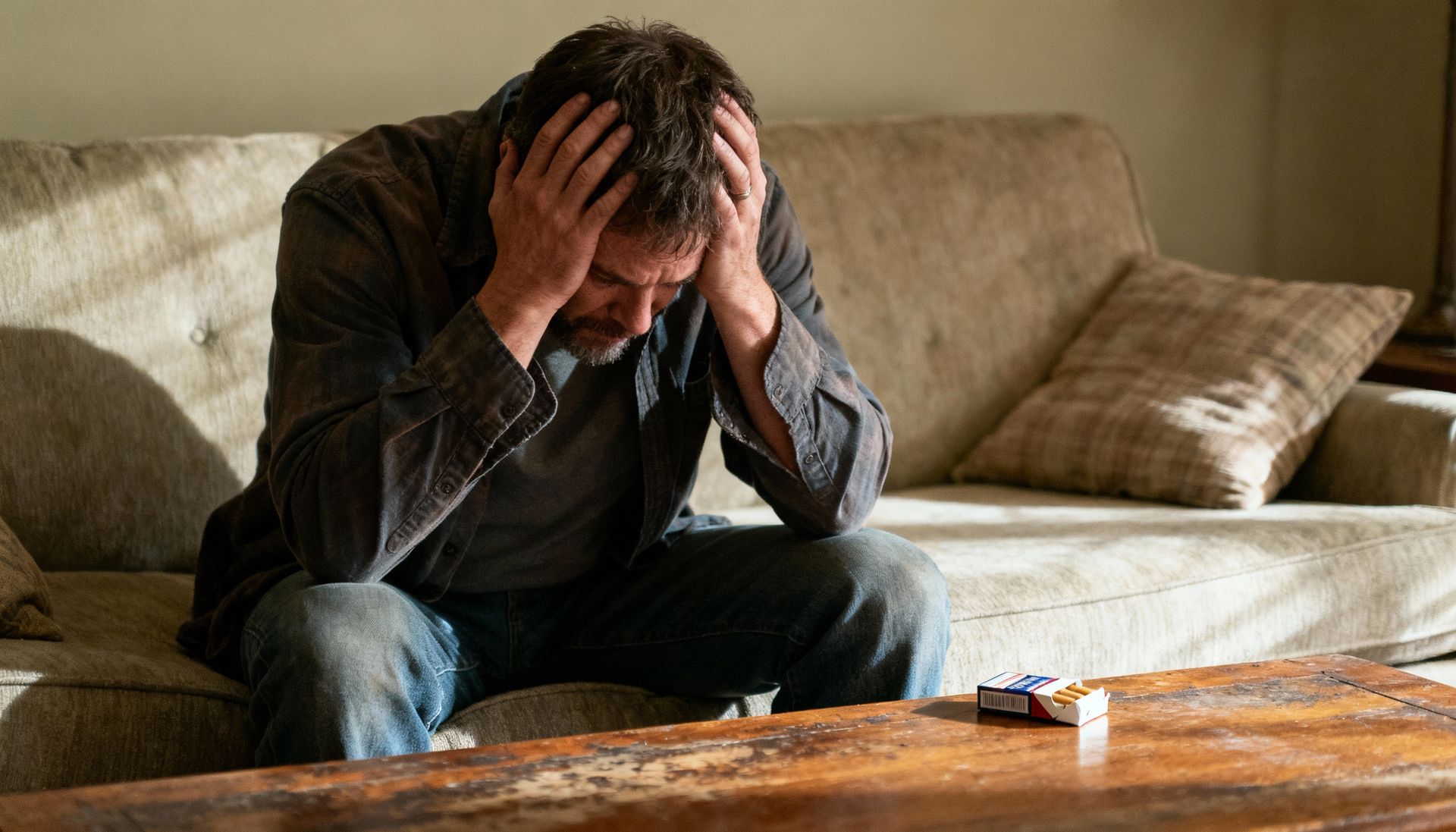 A stressed OKC man sitting on his couch with a half-empty cigarette pack nearby and frustrated