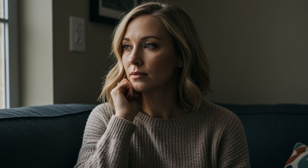A woman in Oklahoma City sitting quietly on a couch thoughtful expression wearing a simple sweater relaxed posture