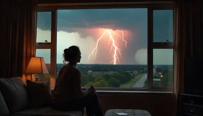 A woman in Oklahoma City watching a huge thunderstorm in the distance with scary lightning
