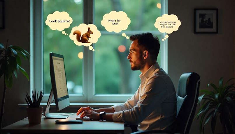 guy with ADHD struggling to keep his mind focused on work