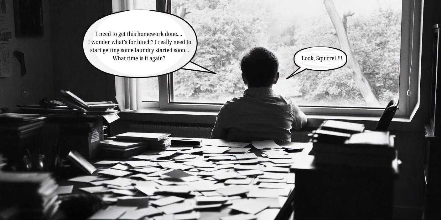 Boy with ADHD sitting at his desk thinking about lot of things going on in his world...