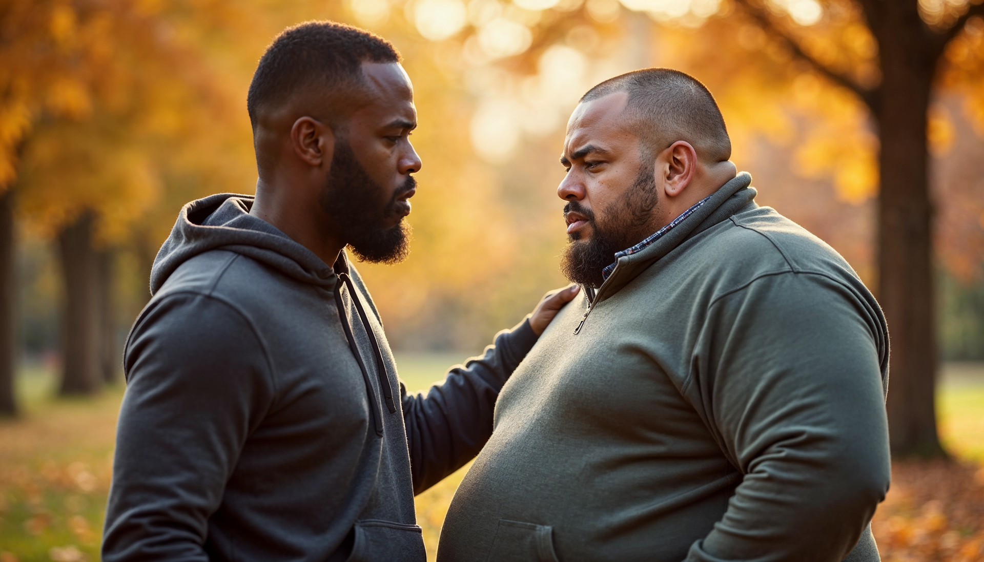 African American Man talking with his overweight friend in Oklahoma City