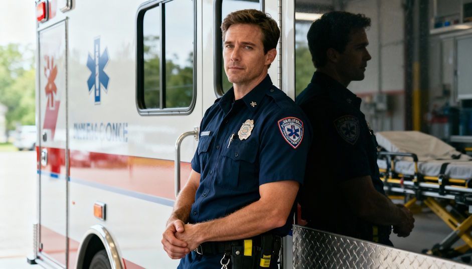 An EMT in uniform leaning against an ambulance inside a quiet EMS station in OKC