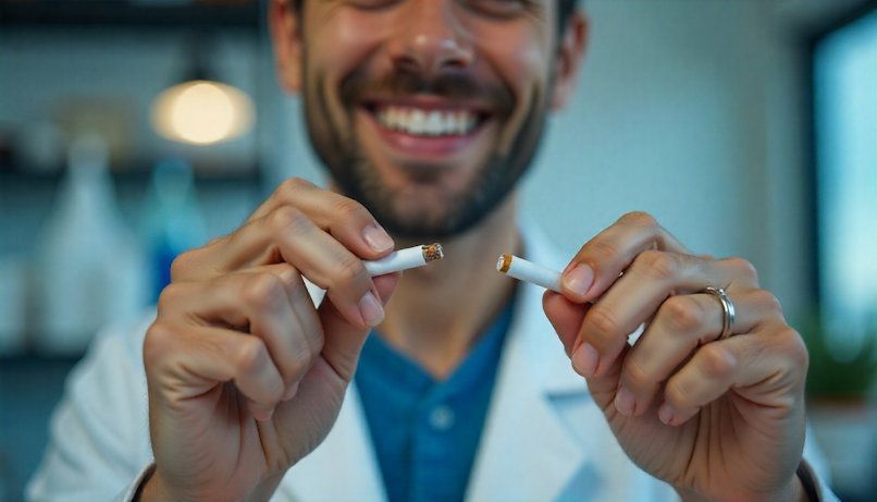 An OKC man snapping a cigarette in half with a confident smile on his face symbolizing quitting smoking with hypnosis
