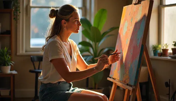 An artist painting in a bright Oklahoma City studio, looking inspired