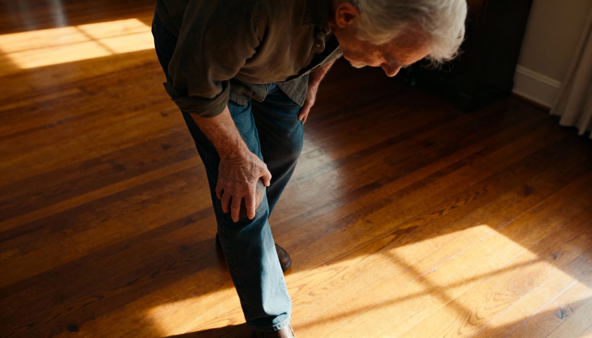 An older adult slowly walking across a hardwood floor, pausing to hold their knee in pain