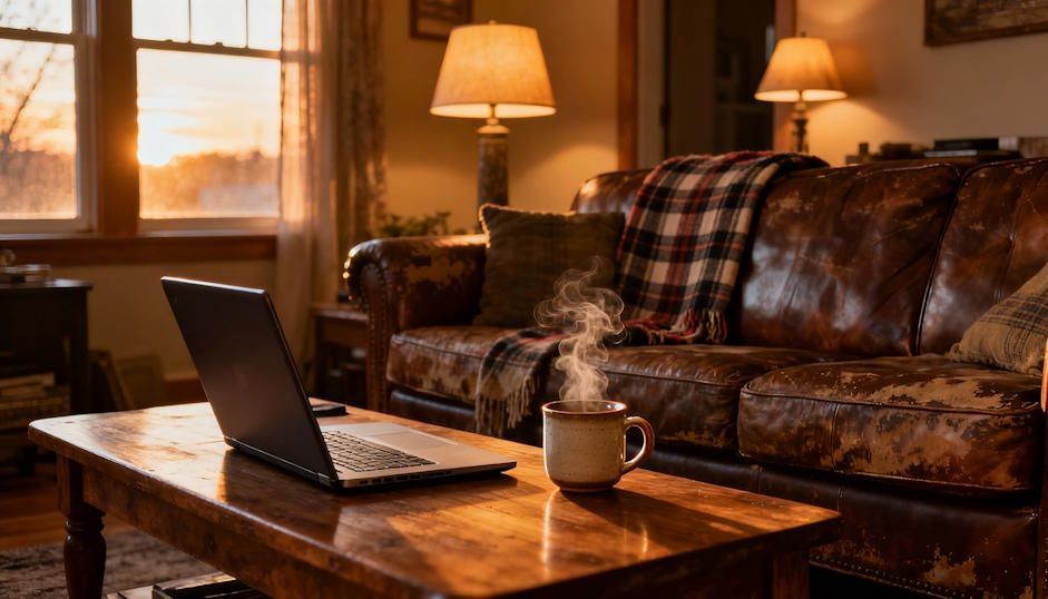 Cozy Oklahoma City living room, warm window light at dusk, laptop on coffee table, steaming mug of coffee nearby