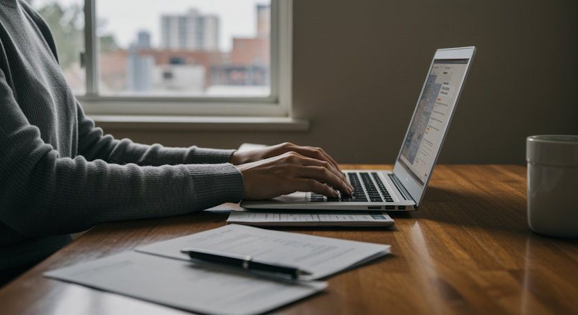 Calm Oklahoma City home interior, man using his laptop to submit remote hypnosis form