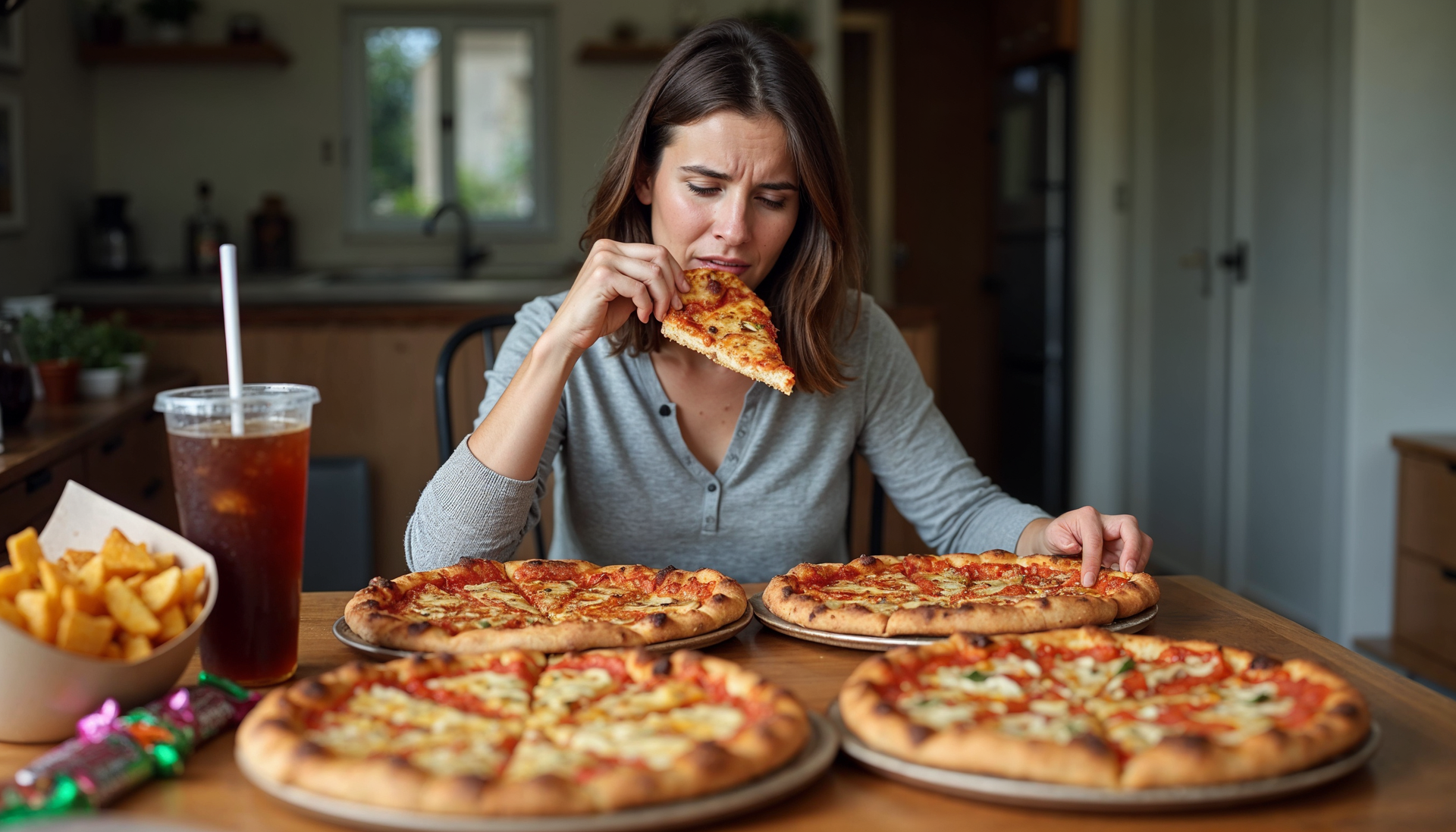 Caucasian woman binge eating due to emotional stress that she's experiencing