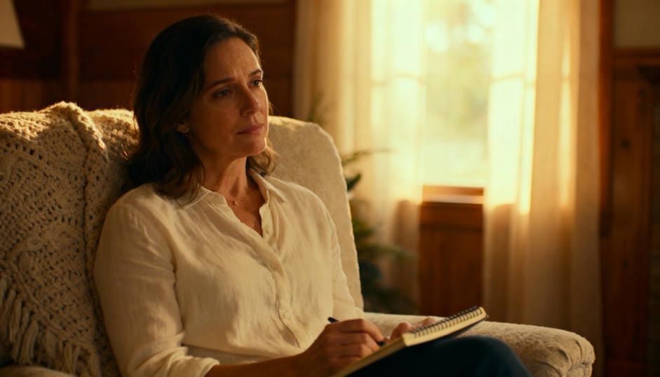 Client in Norman, Oklahoma after a successful remote hypnosis session, sitting quietly with a journal or notebook and looking calmer, more reflective, and relieved