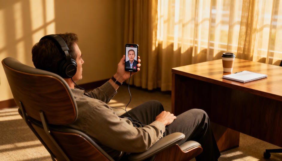 Client in a virtual hypnosis session sitting comfortably in his lounge chair in Oklahoma City holding his smartphone 