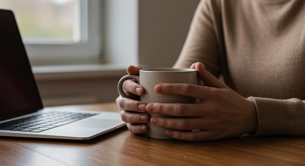 Close-up of hands cradling a warm coffee mug during a virtual wellness session at home soft morning light
