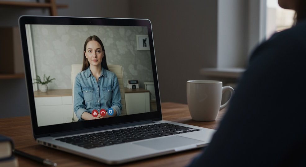 Close-up of a laptop screen showing an OKC remote hypnosis video call hypnotherapist visible on screen