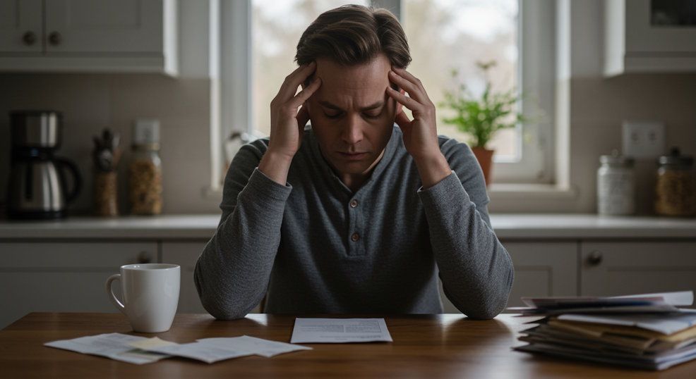 Man rubbing his temples seated at his kitchen table full of anxiety dealing with unpaid bills
