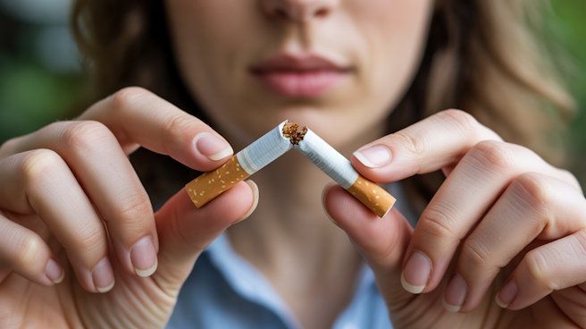 Close-up of an OKC woman's hands breaking a cigarette in half