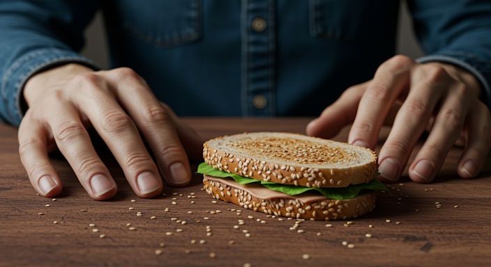 Close-up of hands resting near food without tension