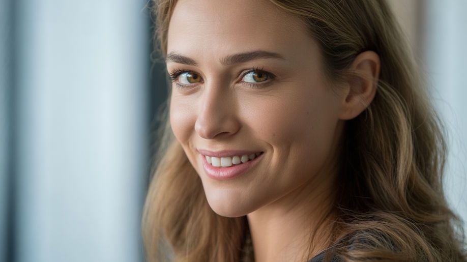 Close-up photo of an attractive woman with calm eyes and a beautiful smile beaming with confidence