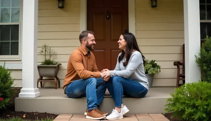 Couple sitting on the porch of a suburban Edmond home, holding hands and laughing together