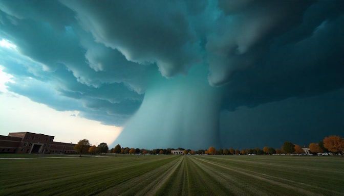 Dramatic image of storm clouds with a tornado forming behind the University of Central Oklahoma