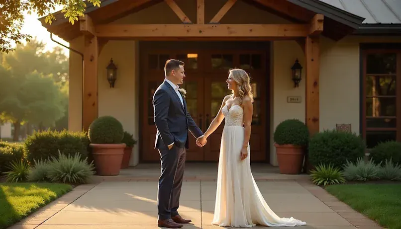 Engaged couple standing outside an Oklahoma City wedding venue, holding hands with excitement