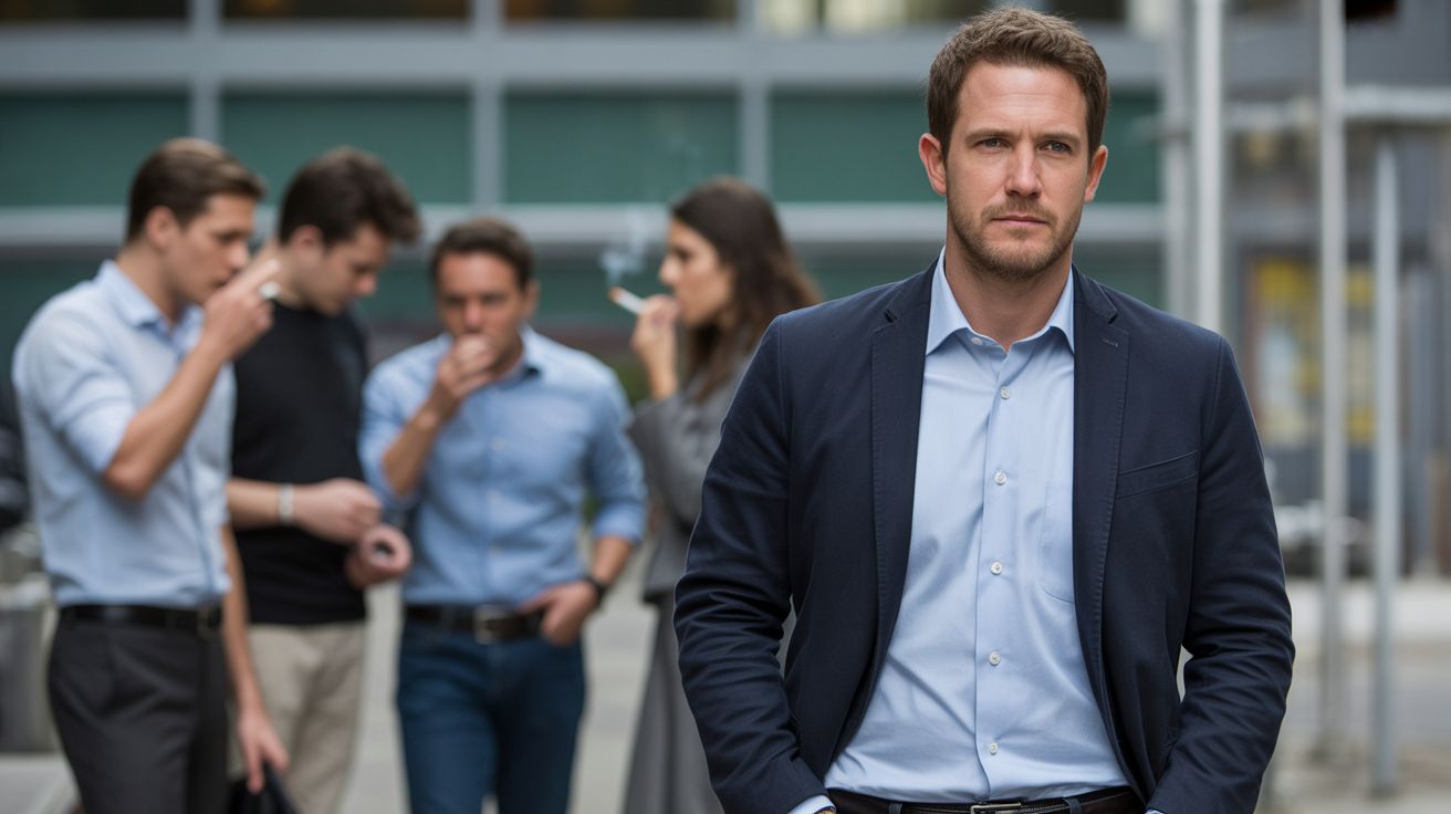 Former smoker during a work break coworkers smoking nearby in background but he chooses not to smoke