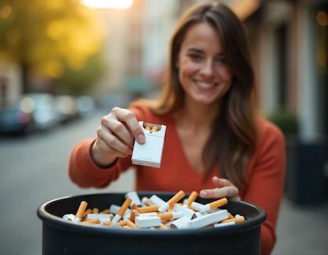 woman who is quitting smoking right now throwing the cigarettes away into the trash can