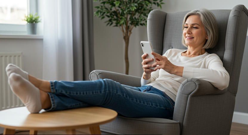 Happy middle-aged woman reclining in easy chair with her smartphone in a hypnosis session in OKC