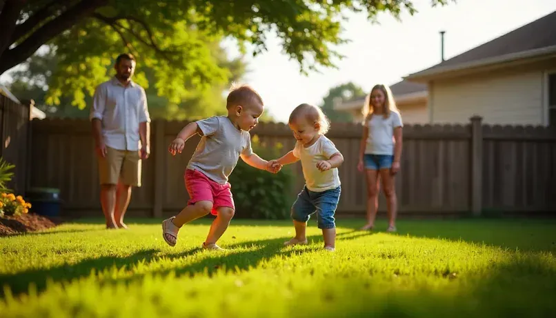 Kids playing in a backyard in Moore while parents watch them in suburban Oklahoma City neighborhood
