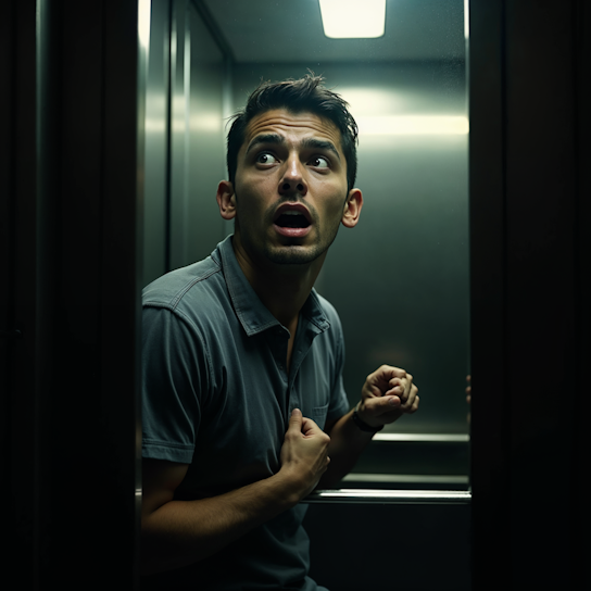 man who is afraid of small enclosed space - standing in an elevator