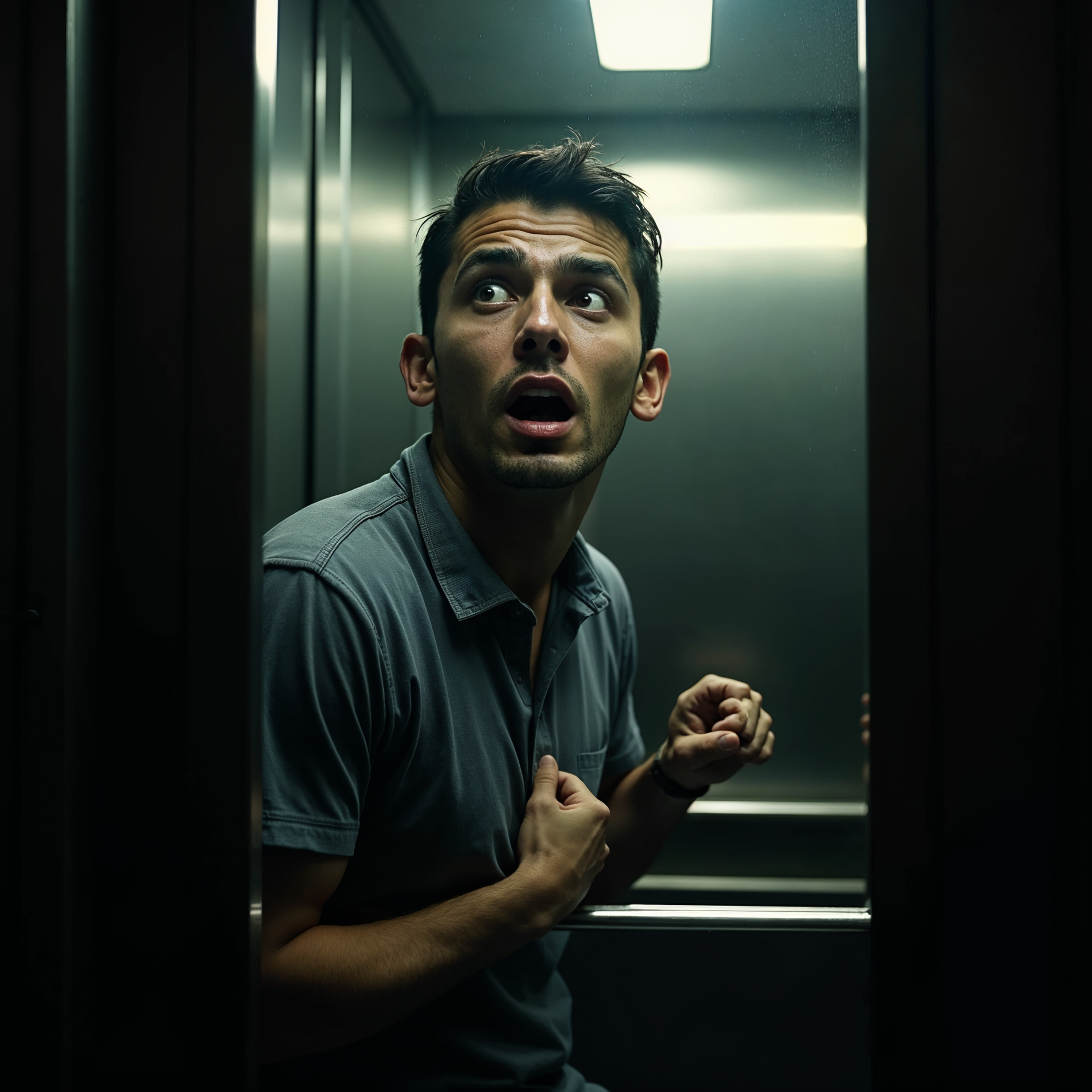 claustrophobic man enclosed in elevator