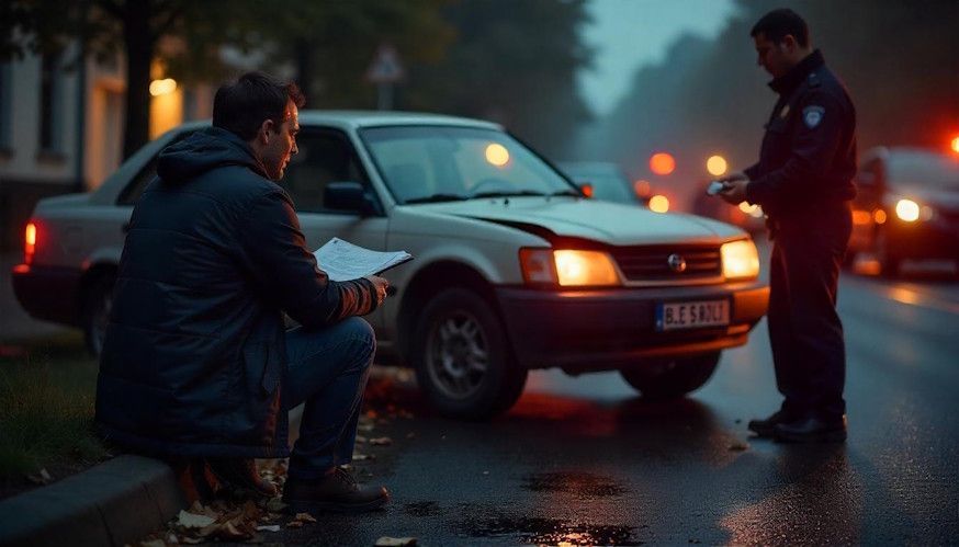 Man sitting down and dealing with the stress of a car accident as a police officer takes a report