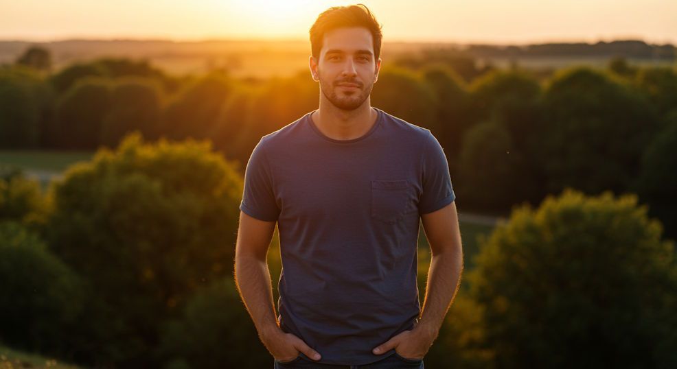 Man standing outdoors with a nice smile at sunset hands loosely in pockets relaxed stance with quiet confidence