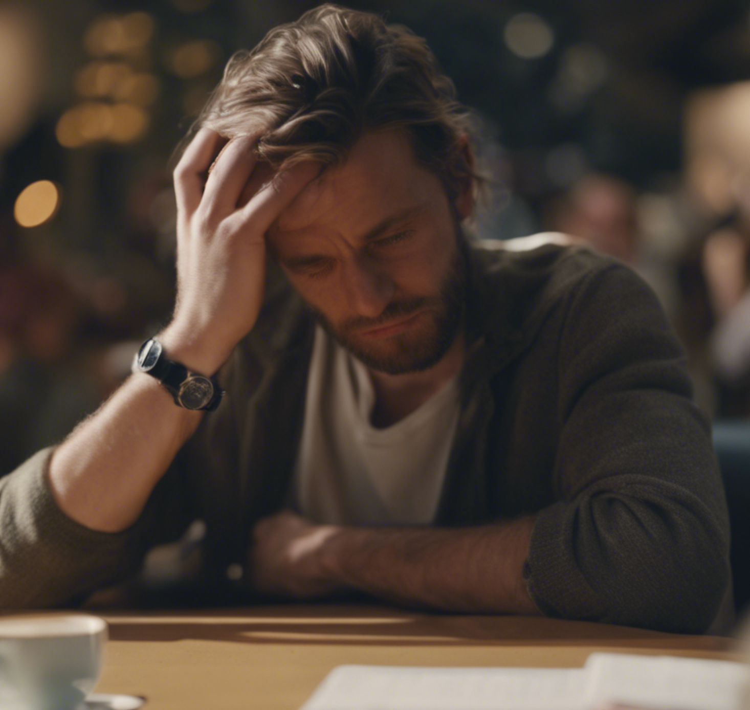 OKC man who is stressed out trying to cope with his stress with his head laying on his hand