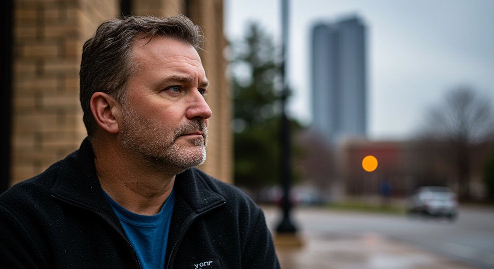 Middle aged man in Oklahoma City sitting quietly reflective expression as he struggles to quit smoking