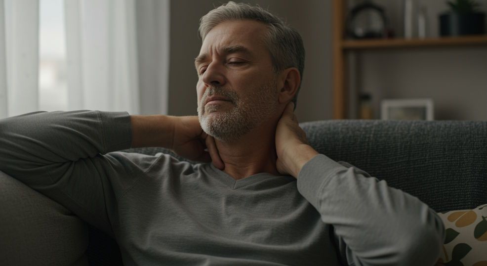 Middle-aged man on living room couch gently massaging his neck in OKC