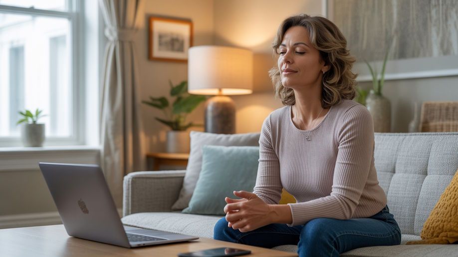 Middle-aged woman sitting comfortably on a couch during a remote hypnosis session laptop on coffee table eyes gently closed