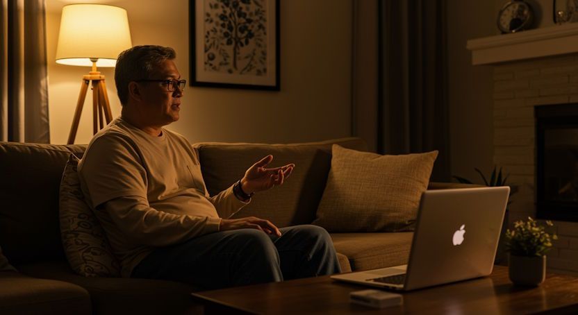 OKC Client speaking casually before his home hypnosis session with his laptop open on the table in front of him